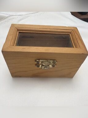 Small antique natural wood chest with a glass top for storing items (2 x 3.6 x 2